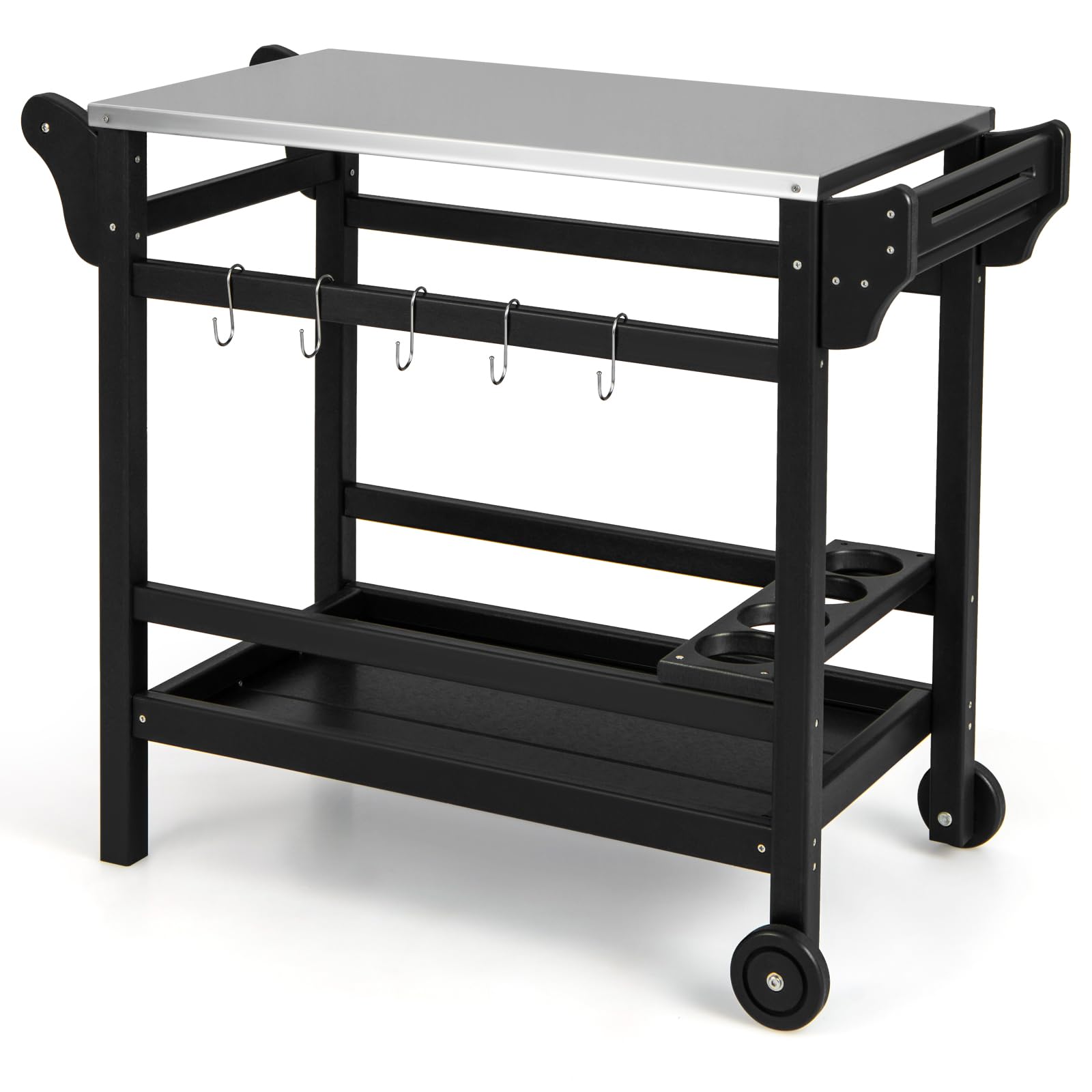 GYMAX Carro de Parrilla Móvil para Exteriores, Mesa de Trabajo de HDPE con Tablero de Acero Inoxidable, Estante, Estante para Vinos, Ganchos, Mesa Portátil para Parrilla para Barbacoa con Asa y Ruedas