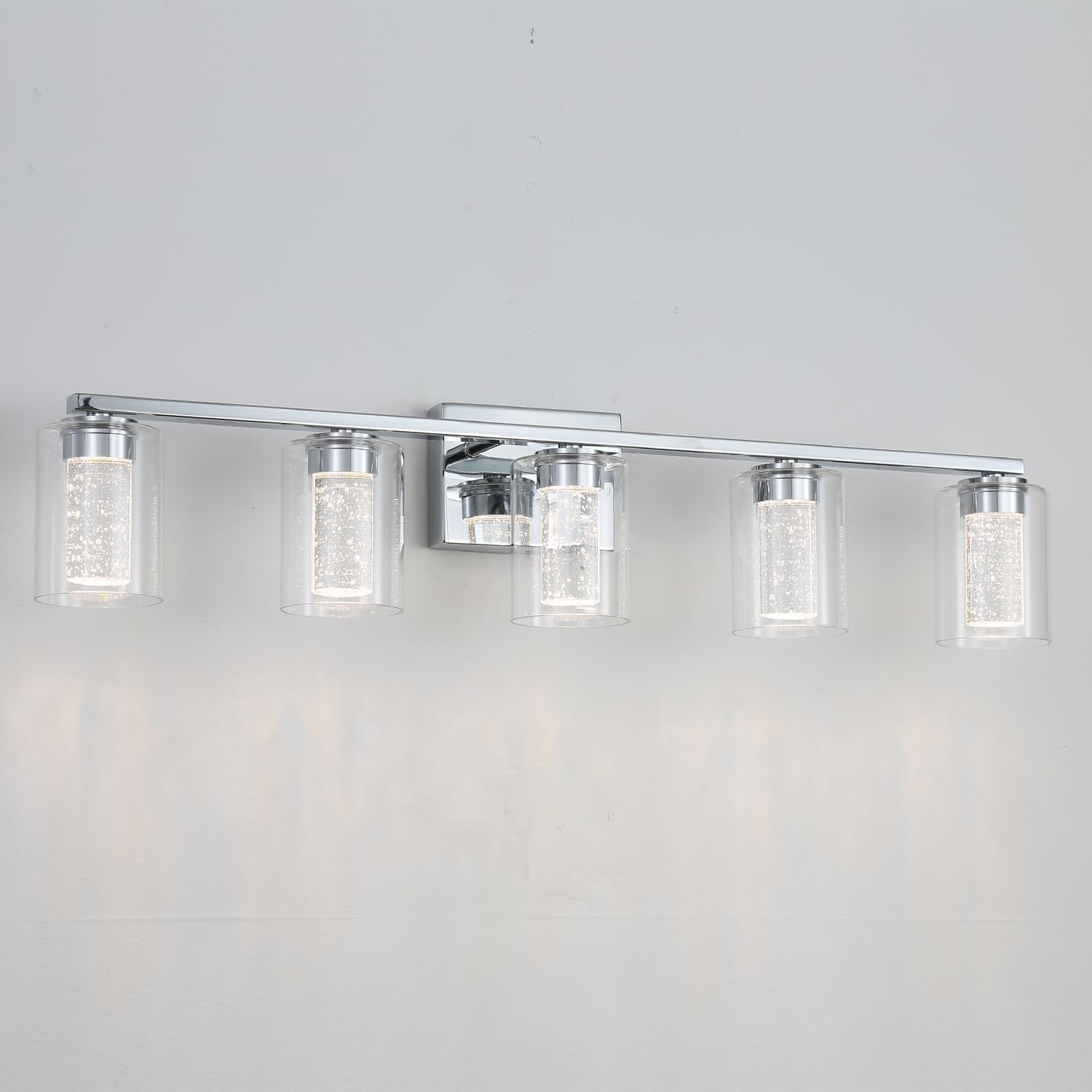 5 Light Chrome Bathroom Light Fixture, Dimmable 5CCT Chrome Bathroom Vanity Lights, 2700K-6500K Modern Crystal Bubble LED Wall Sconce Over Mirror with Clear Glass for Bedroom, Living Room