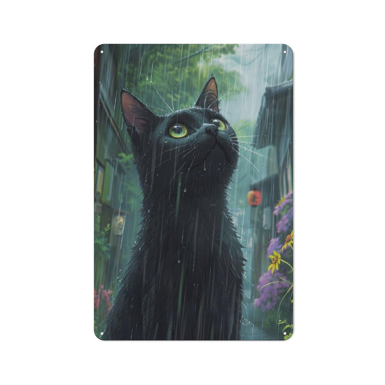 Junmoney Black Cat Rainy Tin Wall Plaque 30X20cm, Barn Style Rustic Kitchen Decor For Farmhouse Kitchen, Pantry Or Dining Area