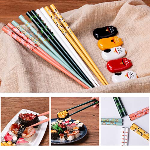 YUESHICO Chopsticks and Chopstick Holder - Cute Chopsticks and Lucky Cat Chopstick Rest Set, 5 Animal Chopsticks and Cute Lucky 5 Cats Natural Wood Reusable Chopsticks, Chopsticks Holder Gift Set
