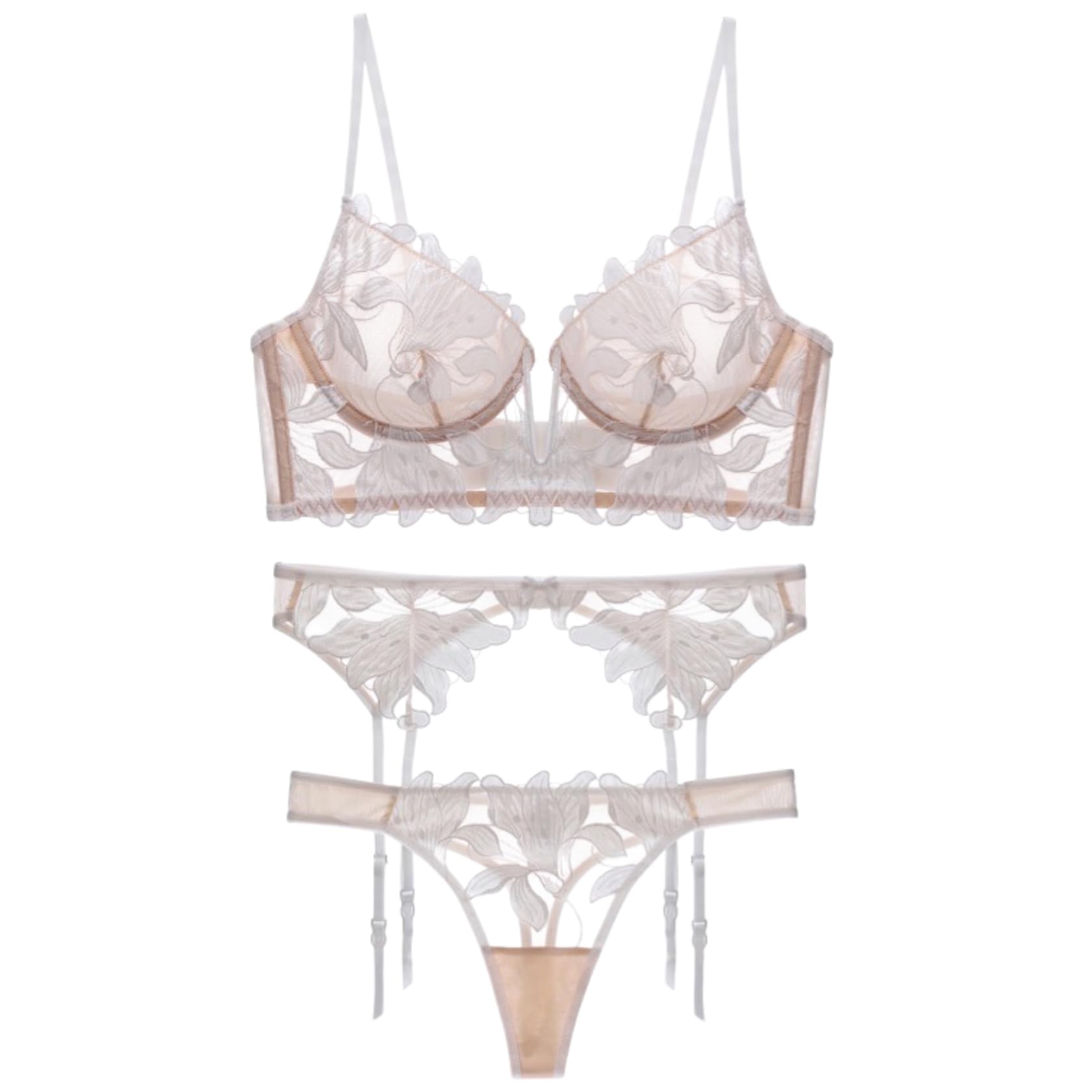 Lingerie Sexy da Donna Completo da Donna con Reggiseno Push-Up A V Profondo Inserti in Rete con Ricami Floreali E Reggicalze E Perizoma.