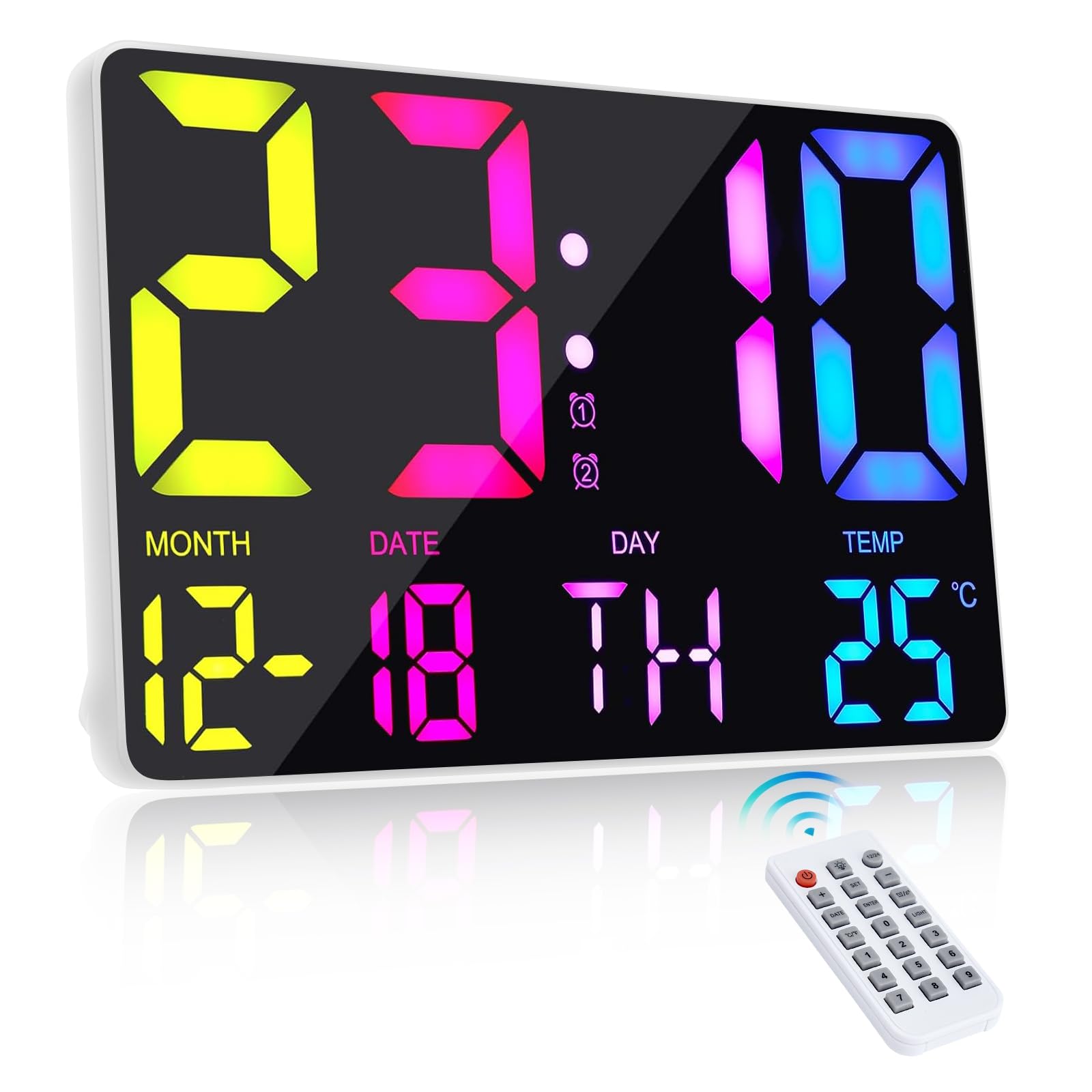 Luckits 13'' Reloj Pared Digital Grande con Control Remoto, Reloj Digital Pared con Temperatura/Fecha/Alarmas Reloj de Pared Digital LED de Brillo Ajustable Reloj Despertador Digital Reloj Pared