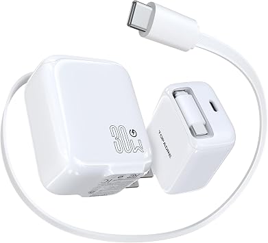 Topadre 30W Portable Fast Charger with Retractable Cable, GaN USB-C Wall Charger with Folding Plug, Suitable for iPhone 17/16/15/14 Series, iPad, Galaxy and Other Devices, 2Pack