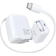Topadre 30W Portable Fast Charger with Retractable Cable, GaN USB-C Wall Charger with Folding Plug, Suitable for iPhone 17/16/15/14 Series, iPad, Galaxy and Other Devices, 2Pack