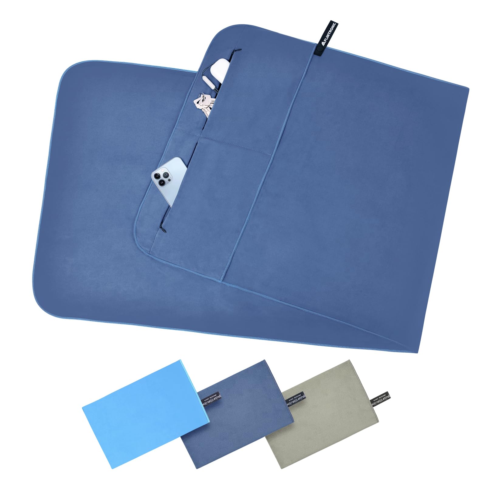 Flintronic Gym Towel, Microfibre Zipper Pocket Quick Dry Lightweight Absorbent Travel Towel, Navy Blue