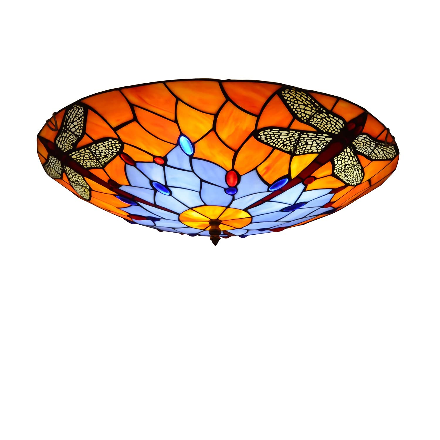 YNIYUJKL Tiffany-Style Dragonfly Ceiling Light,Stained Glass Shade Flush Mount Ceiling Lamp For Living Room Bedroom Kitchen Hallway, E27 Bulb, Max40W,50Cm