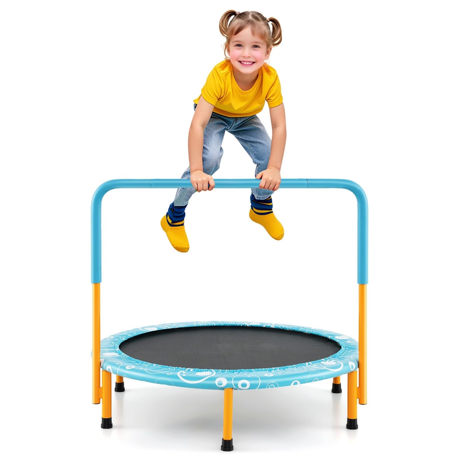 LIFEZEAL Trampolino Elastico per Bambini 3-10 Anni, Ø92x81cm, Mini Trampolino per Interno, Salta, Jump, con Maniglia e Gambe Rimovibili, Sicuro, Pieghevole, Telaio in Metallo, Regalo, Max 150kg
