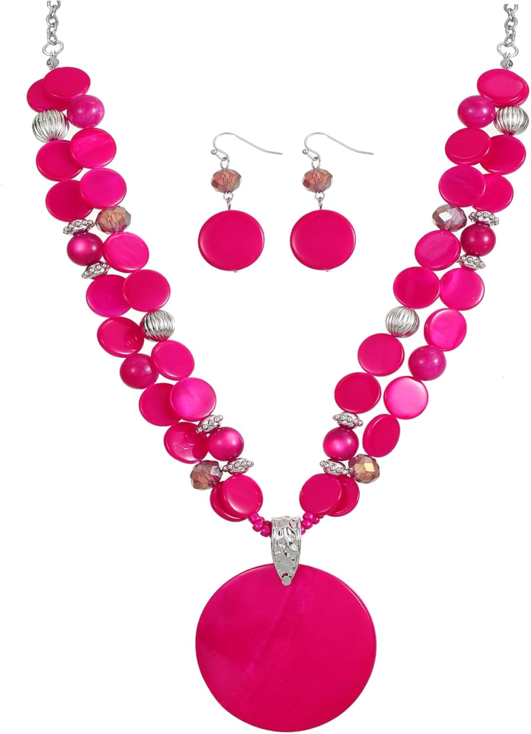Layered Beads Statement Fashion Necklace Chunky Jewelry Set Big Colorful Glass Stone Circle Shell Pendant Choker Necklace and Earring Set for Women