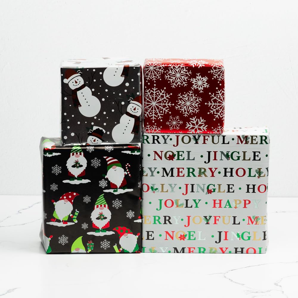 JAM Paper Geschenkpapier, Weihnachtsgeschenkpapier, 30 m² insgesamt, verschneite Feiertage, holografisches Set, 4 Rollen/Packung