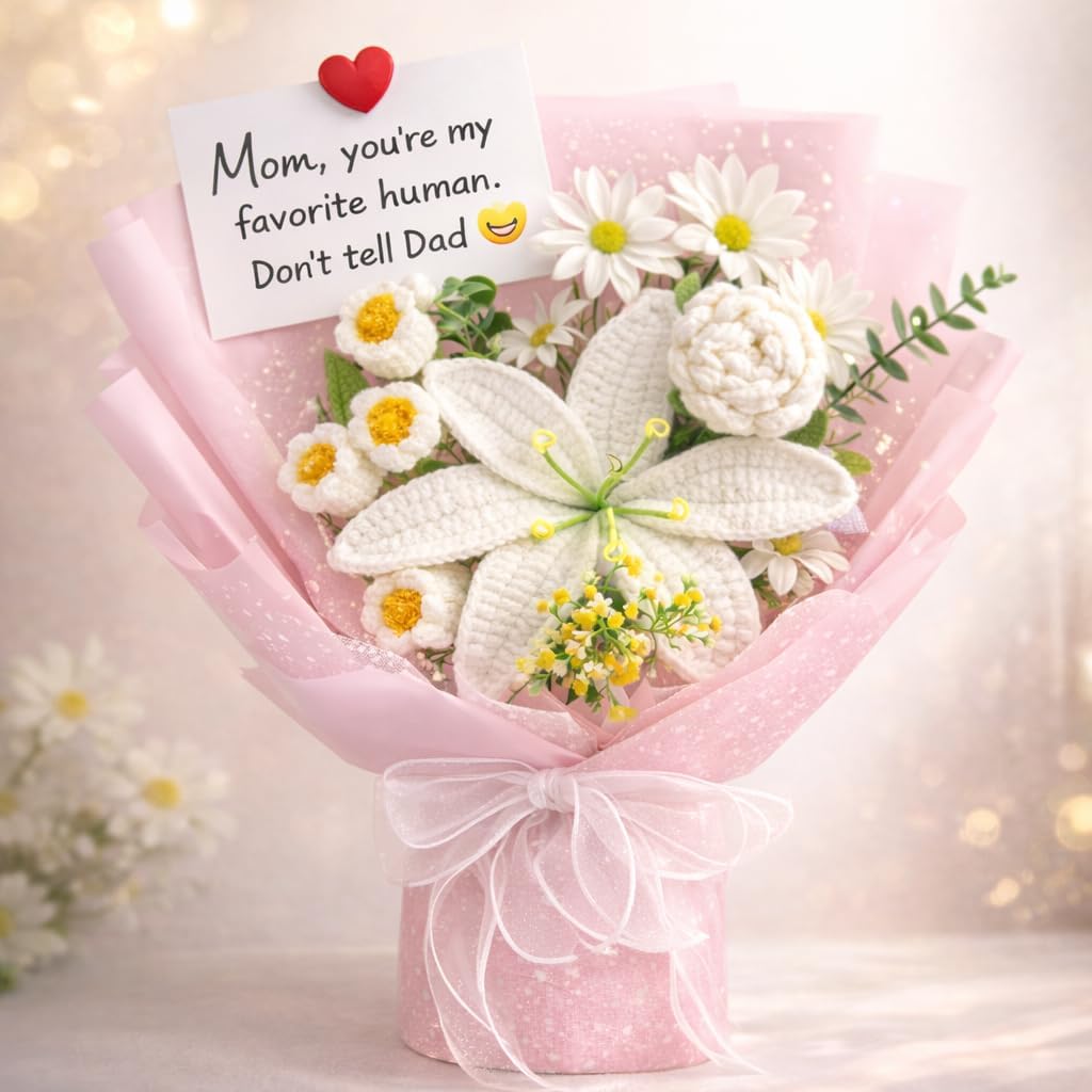 Crochet Flowers Bouquet, Handmade Crochet Flower Bouquet of White Lily & Roses with Funny Cards & Gift Bag, Forever Flowers Gift for Mom, Mother’s Day,Birthday