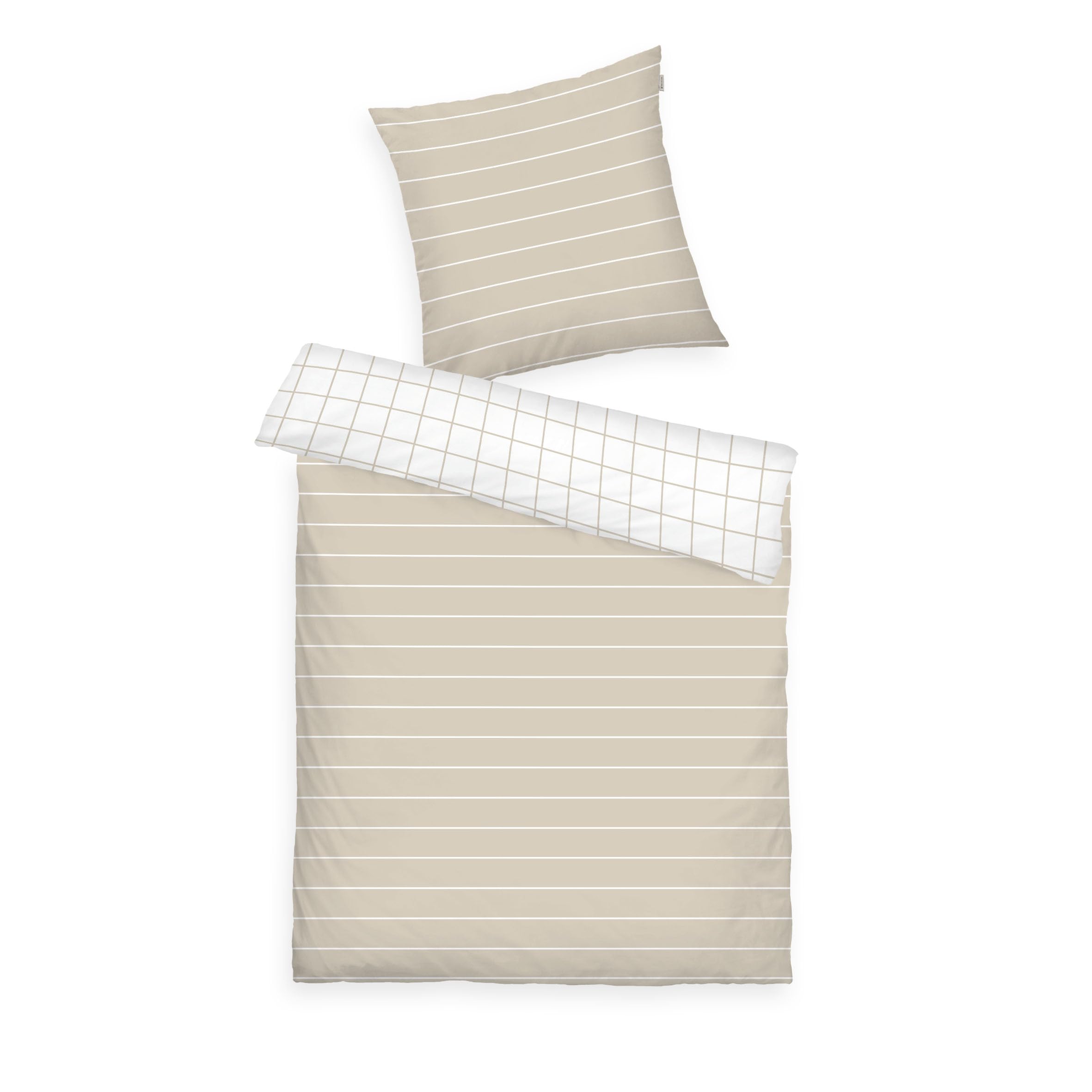 TOM TAILOR Renforcé Bed Linen, 80 x 80 cm + 135 x 200 cm, 100% Cotton/Renforcé, with Reversible Motif and Coloured Branded Zip, Check & Stripes Beige (Sunny Sand & Crisp White)