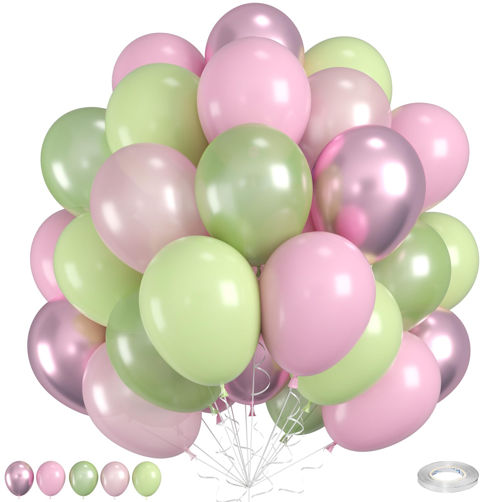 Maca Pink Metallic Pearl Balloons - 12 Inch Sage Green Pink Latex Balloons for Girls Jungle Birthday Baby Shower Wedding Party Decoration