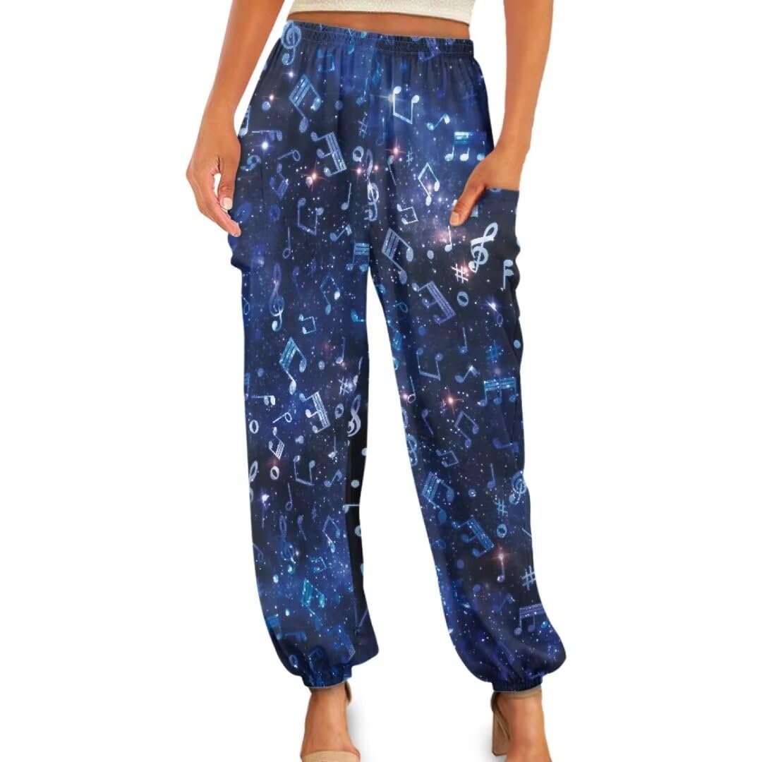 Youngerbaby Blue Space Print Harem Pants Cozy Yoga Trousers Casual Dance Music Notes Sweatpants Yoga Pants with Pockets Plus Size XL