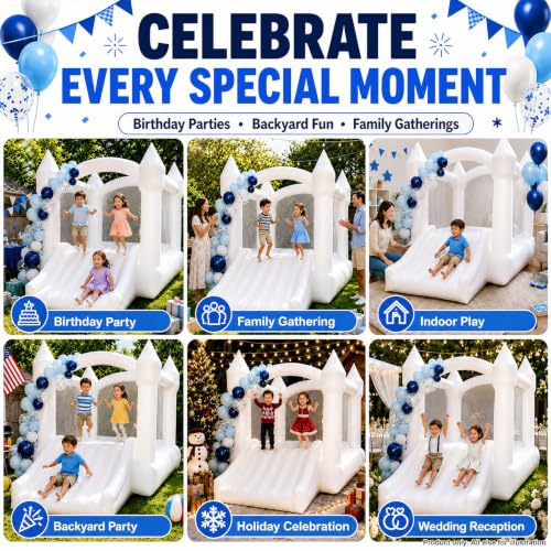 Image of AKSPORT White Bounce House for Kids, Inflatable Bounce House with Slide