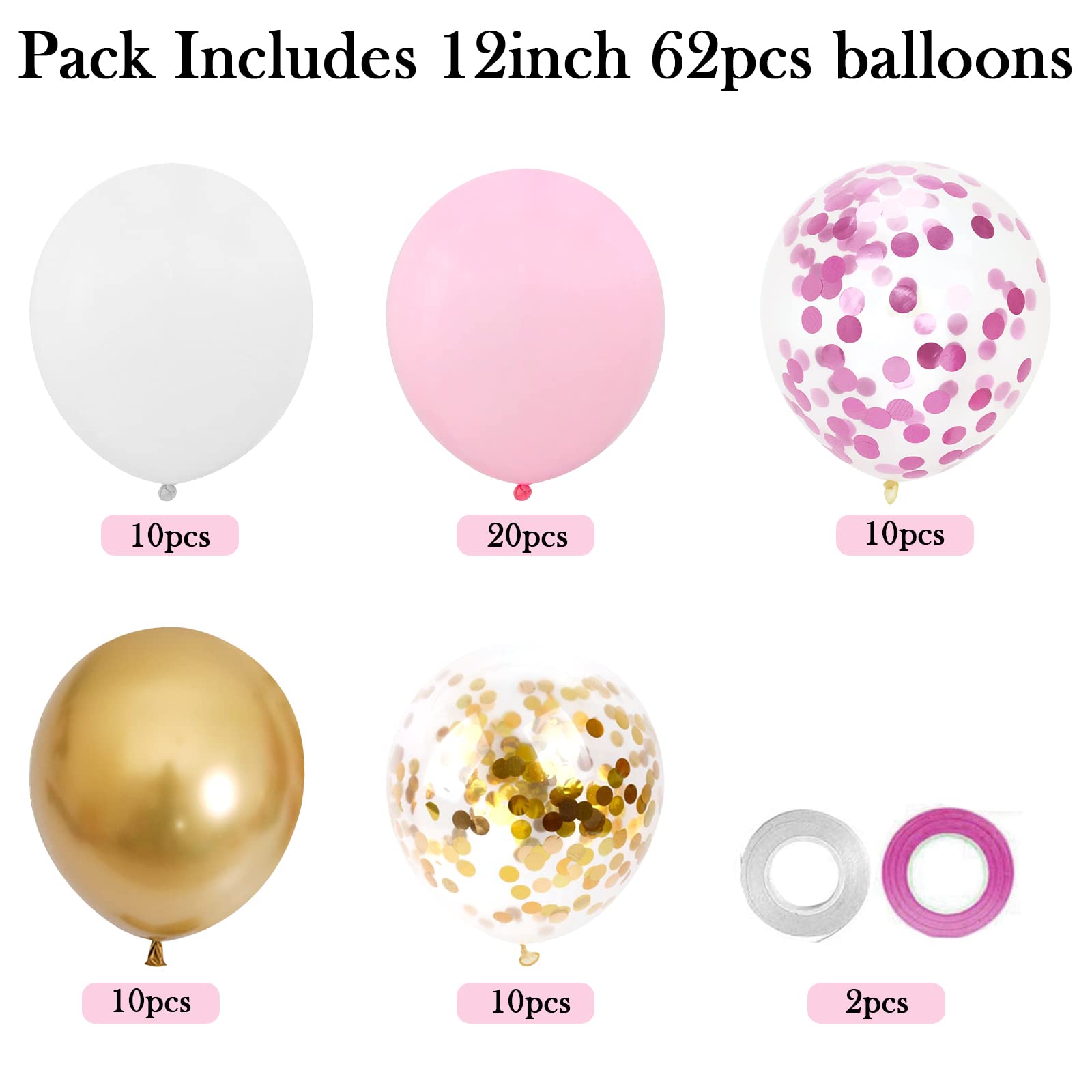 62-teiliges Ballon-Set Rosa/gold – 30,5 Cm, Mit Konfetti Und Bändern, Für Geburtstag, Hochzeit, Prinzessinnen-Party