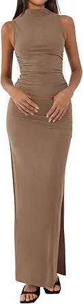 BTFBM Summer Two Piece Skirt Set for Women 2025 Dressy Lightweight Sleeveless Knit Top Going Out Split Maxi Skirt Set