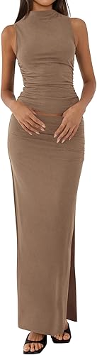 BTFBM Summer Two Piece Skirt Set for Women 2025 Dressy Lightweight Sleeveless Knit Top Going Out Split Maxi Skirt Set