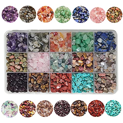GangGangHao Natural Chip Stone Beads About 1888pcs Irregular Gemstones Healing Crystal Loose Rocks Bead Hole Drilled DIY for Bracelet Jewelry Making Crafting 5 8mm 15 Color Mix S2 Color S
