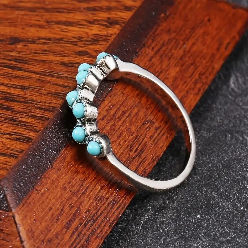 Vintage Small Dainty Ring 925 Sterling Silver Turquoise Stackable Ring for Women Everyday Comfort Ring Bohemia Promise Band Ring(10#)4