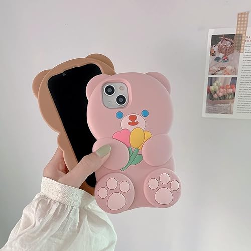 Miniatura 3 de Fundas para iPhone 13 Pro Lindas con Diseño de Oso de Flores de Dibujos Animados, Funda Rosa de Silicona Blanda 3D para Mujeres y Niñas, Funda