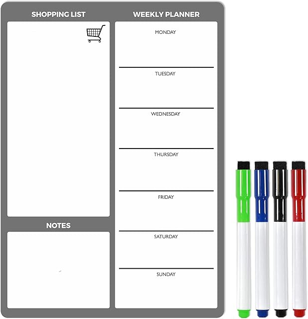 TMS A3 Magnetic Weekly Planner for Fridge, Meal Planner Whiteboard, Memo Board and Shopping List for Notes or Daily Reminders, Dry Wipe Kitchen Calendar and Organiser with Dry Erase Marker (Grey, A3)