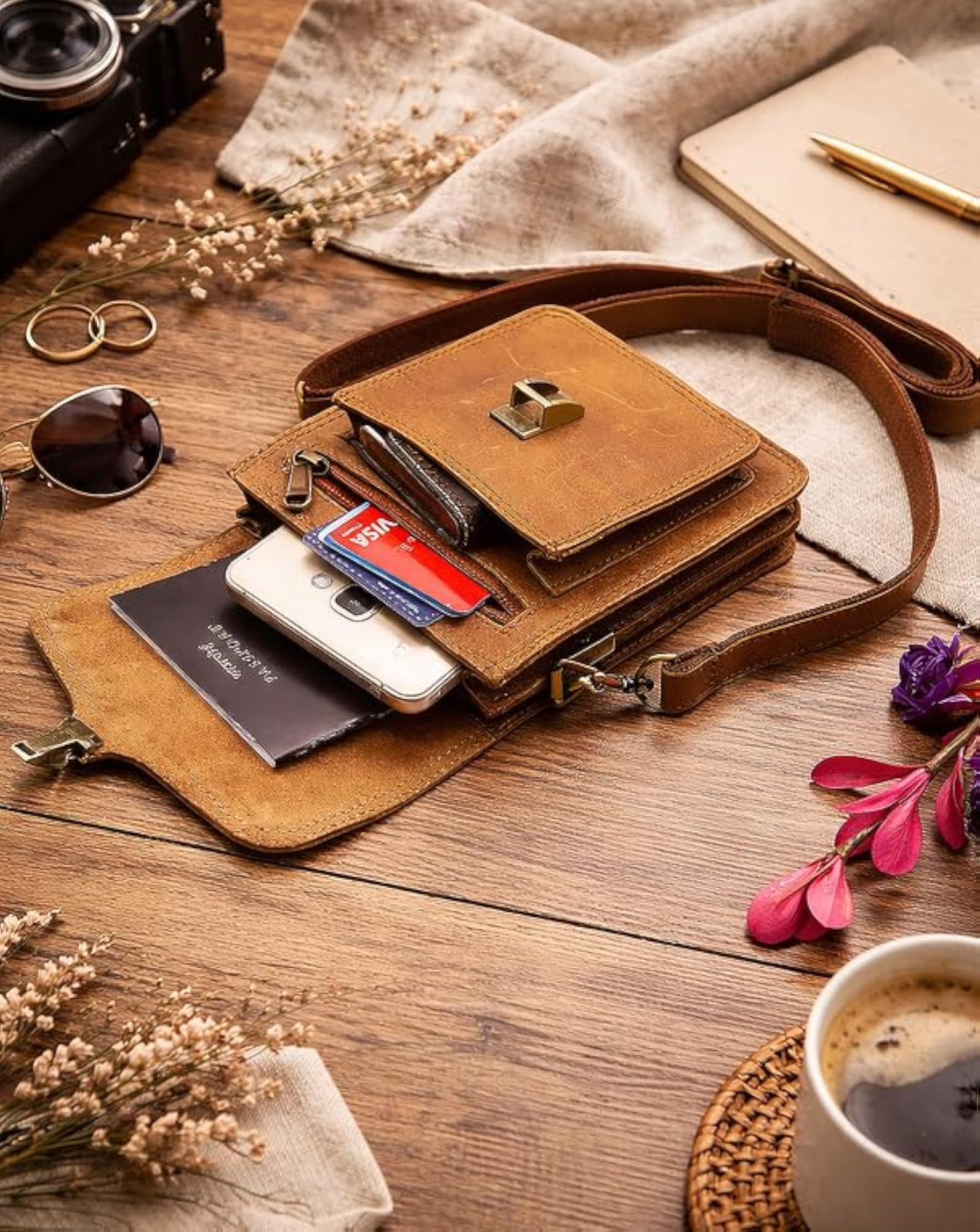 Brown Leather Flap Bumbag, Water-Resistant Travel Crossbody