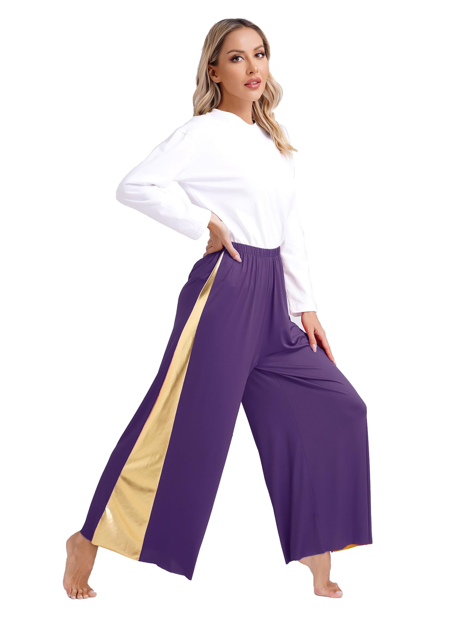 Linjinx Abito da Danza Cristiana Lode per Donna Manica Lunga Patchwork Brillante Vestito Balletto Lirico di Tulle E Pantaloni Larghi da Ballo