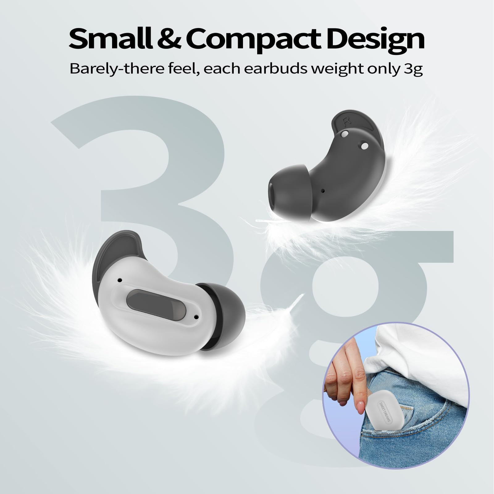 Bluetooth Kopfhörer In-Ear Schlafkopfhörer Mini ANC Kopfhörer Kabellos | Kabellose In-Ear Kopfhörer gegen Schnarchen. Perfekt für Seitenschläfer: Weiches Silikon, ohne Warn-Töne & 48 Std. Laufzeit.