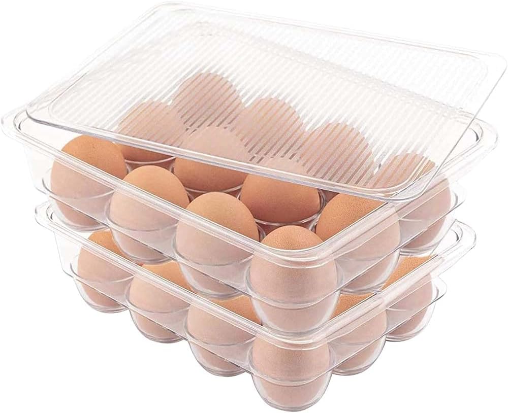 JINAMART Stackable Plastic Egg Holder for Refrigerator, Fridge Fresh Eggs Organizer Tray with Lid & Handles, Deviled Egg Storage Drawer for Countertop, Containers, Stores 12 Egg, Clear (Set of 2)