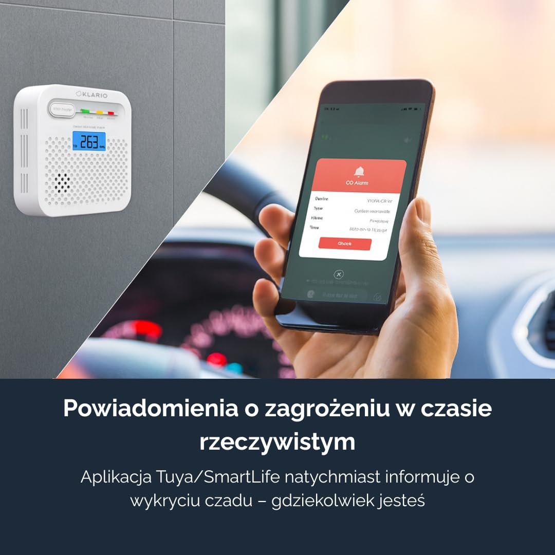 Czujnik Czadu Tlenku Węgla CO WiFi z Aplikacją Tuya SmartLife, Bateria 10 lat, Alarm 85 dB Wyświetlacz LCD Certyfikat EN50291 Bezprzewodowy Detektor CO do domu i mieszkania KLARIO