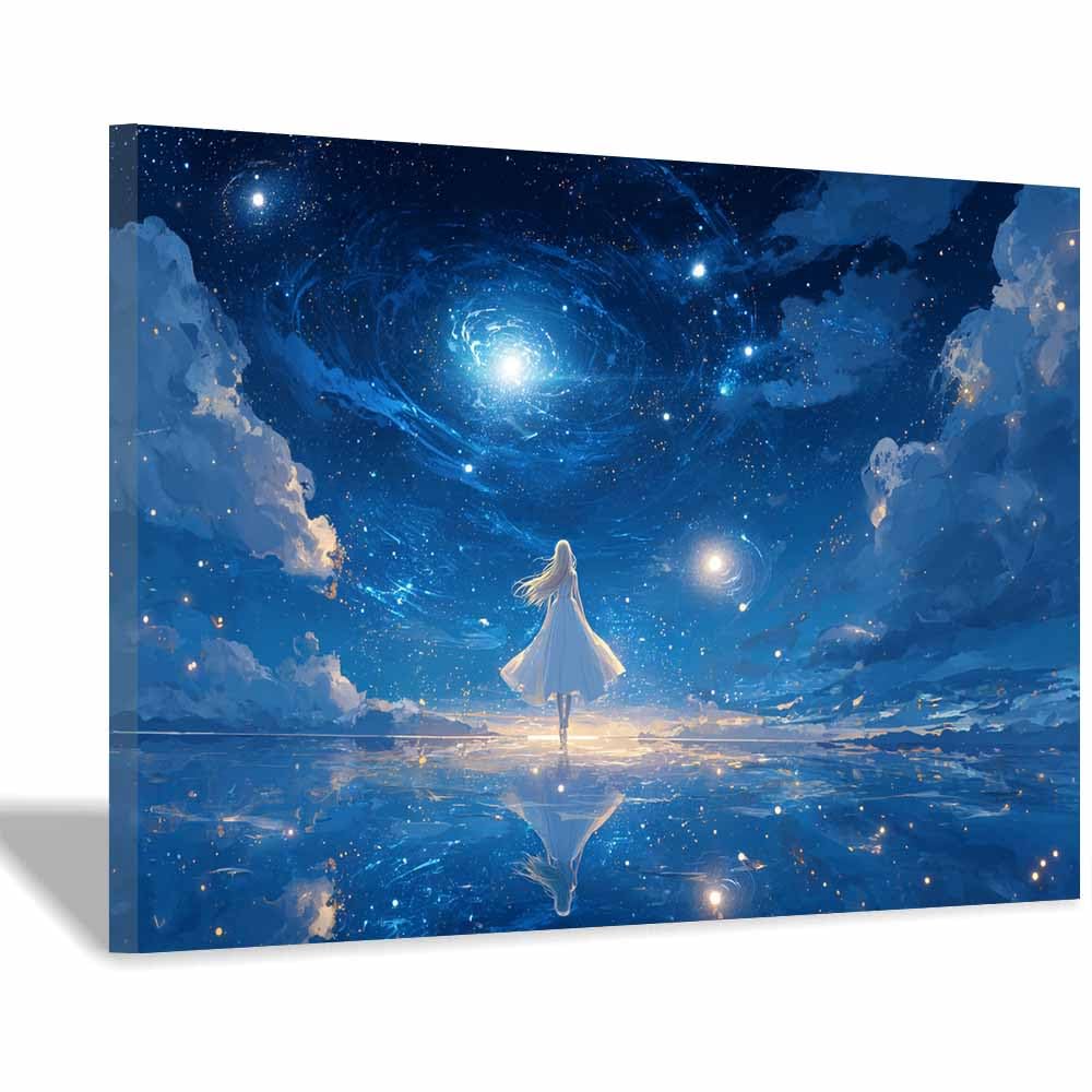 HOQIU Landscape wall art Starry Night Ocean Art canvas art, art print, house decor, bedroom wall decor above bed, prints for living room.(Multicolor)-60x80cm Framed