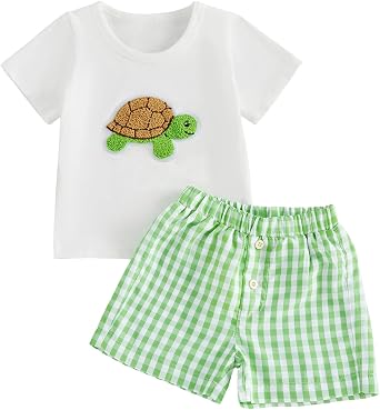 Infant Baby Boy Outfits Short Sleeve Turtle Embroidery T-Shirt Plaid Shorts Casual Toddler Clothes