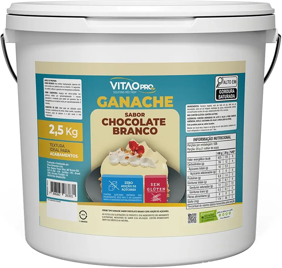 Ganache Chocolate Branco Zero Açúcar VitaoPRO 2,5Kg