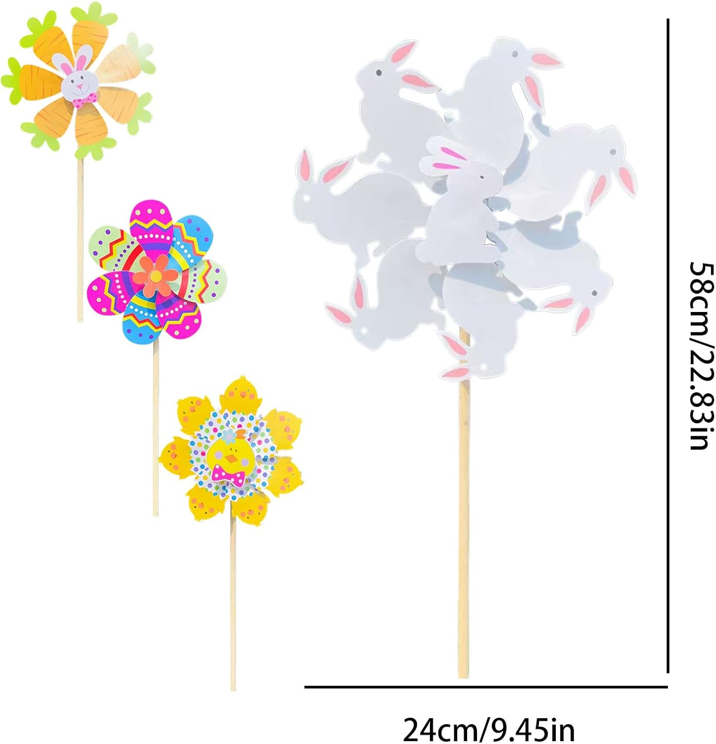 Spring Easter Windmills, 24x58cm 12-Piece Paper Wood Garden Spinner Set with Bunny, Chick, Egg Designs for Yard, Patio, Outdoor Decor, Holiday, Party