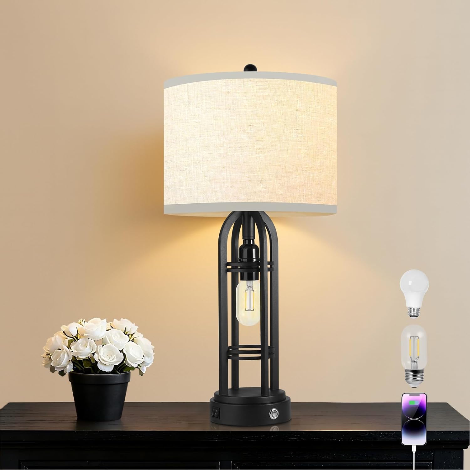 Black Table Lamps Set of 2, Table Lamp with USB Port, 3 Color Temperatures, Stepless Dimming, Bedside Lamps, Bedroom Lamps, Farmhouse Lamps for Living Room(Bulbs Included)