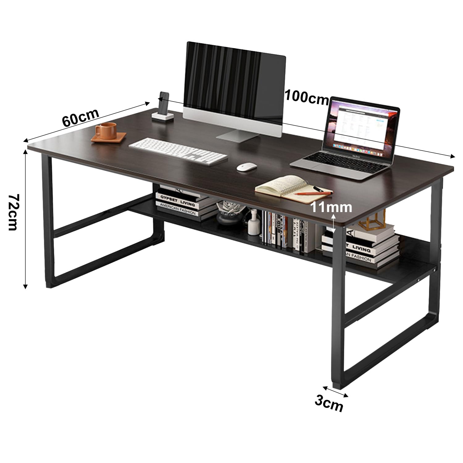 Diagram showing the dimensions of the desk: 100cm length, 60cm width, 72cm height