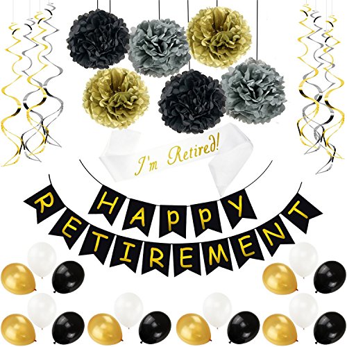 34 Pieces Retirement Celebration Banner Bunting Retired Sash Paper Pom Poms Foil Ideal Latex Balloons for Retirement Party Supplies Favors Gifts Decorations