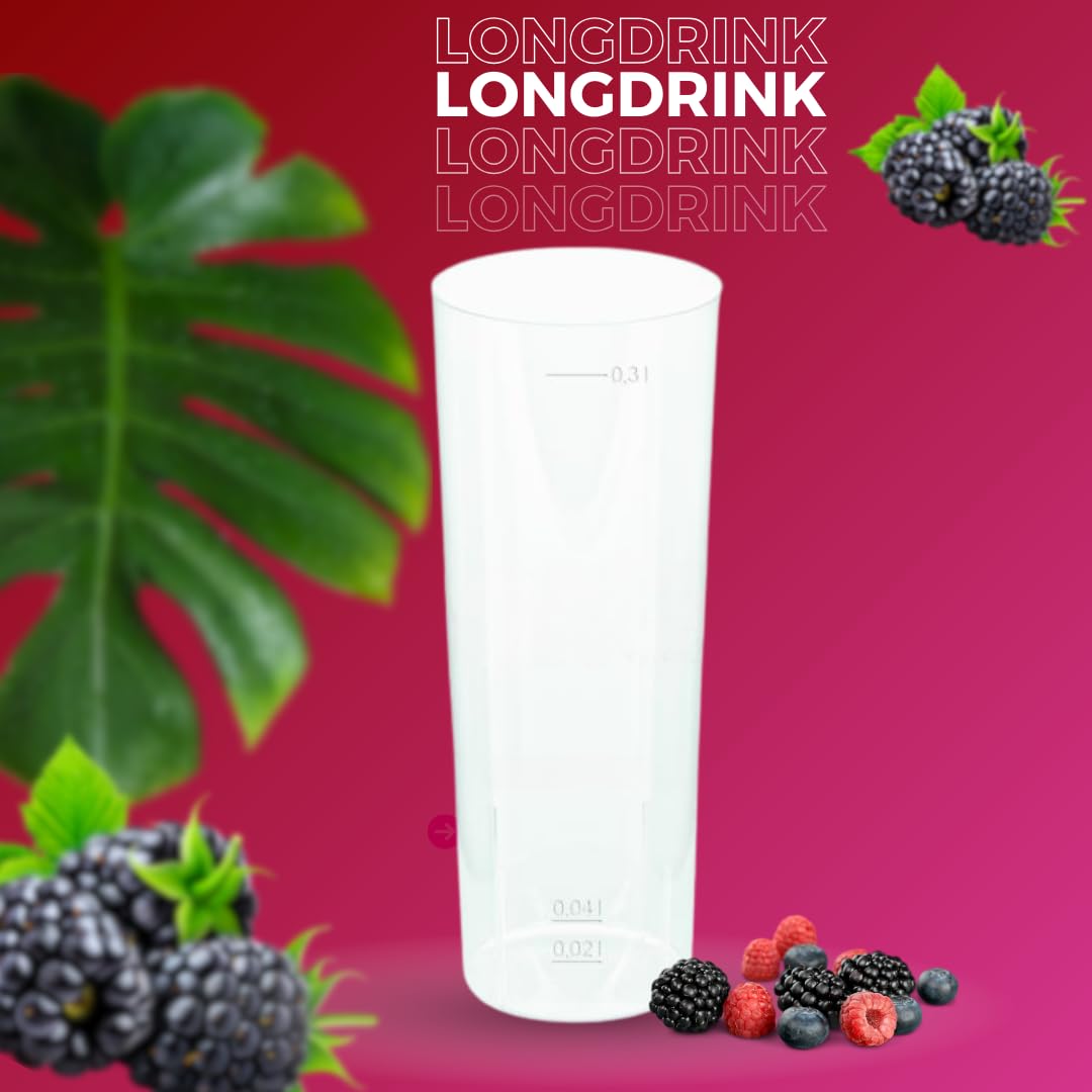 200 Longdrinkbecher | Mehrwegbecher 300ml Made in Germany | Getränkebecher mit Eichstrich | wiederverwendbar | Transparent aus PP | Trinkbecher 0,3l | Bierbecher | Partybecher