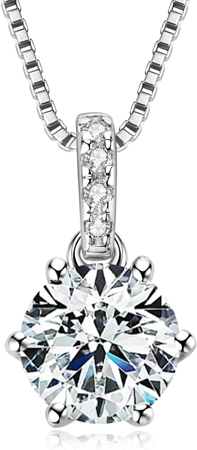 1-2 CT Moissanite Necklace for Women, Solitaire Lab Imitation Diamond Pendant, 18K White Gold Plated D Color Round Cut 925 Sterling Silver Necklace, GRA Certified, 18+2 inch Box Chain
