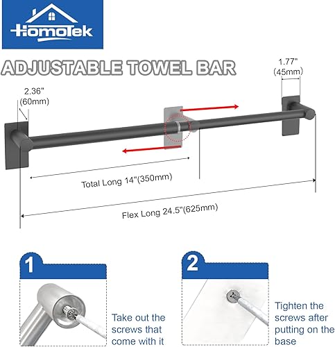 Miniatura 10 de HOMOTEK Toallero ajustable para toallas de baño de 14 a 24.5 pulgadas, toallero individual de 14 a 24.5 pulgadas, toallero de montaje en pared,
