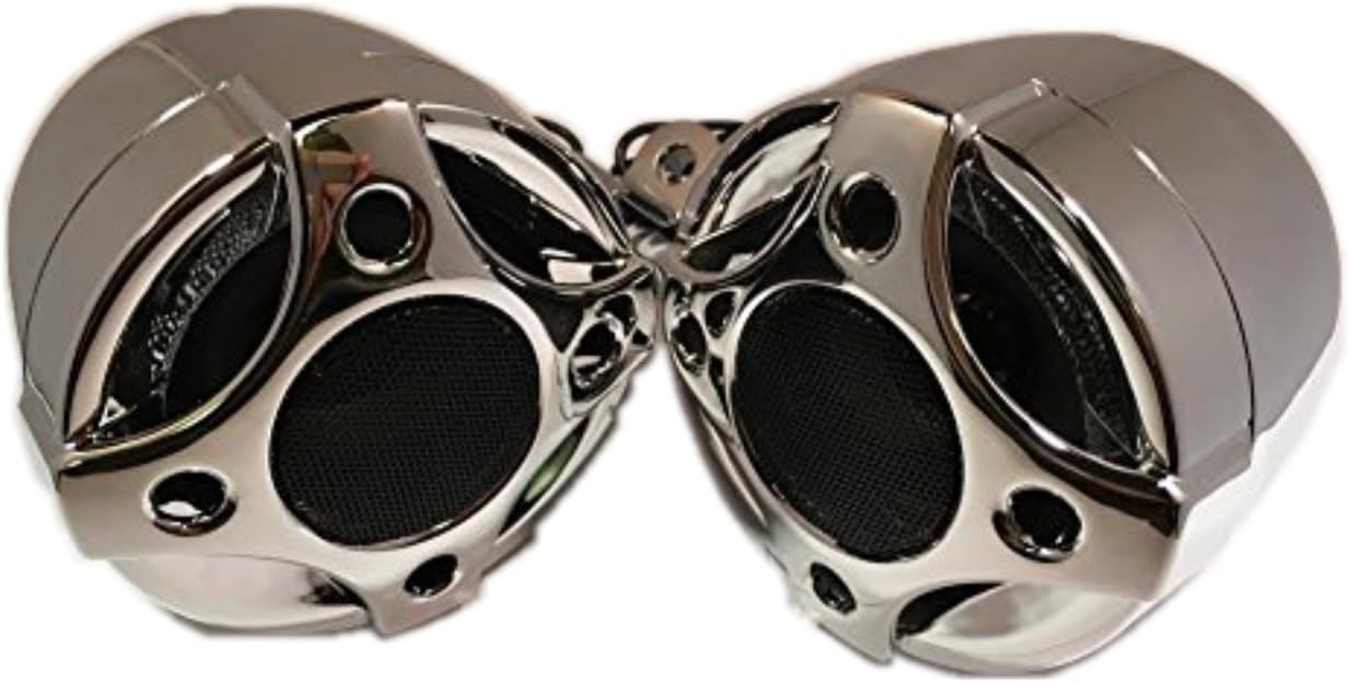 Shark Motorcycle Marine 100 Watt 3 X 3.5 Inch High Quality Waterproof Pair of Speakers with Mirror Brackets, Chrome Finish, Model SPK3080