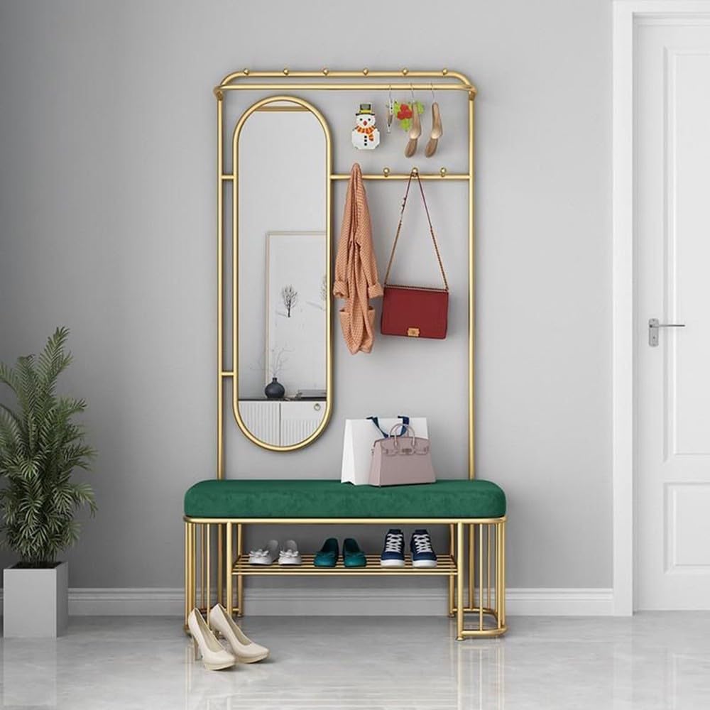 MYUYEE Hall Tree With Removable Hooks And Shoe Stand, Industrial Coat Rack Stand With Bench, Free Standing Coat Tree,With Mirror,Entryway Storage Shelf, For Living Room,Hallway(B-)