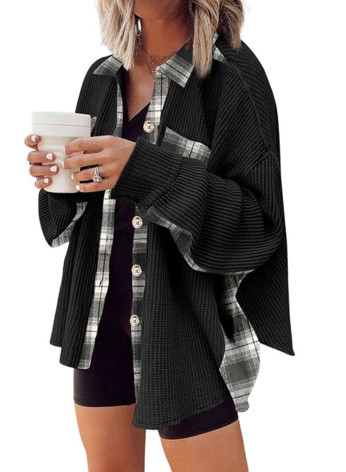 SHEWINWomens Waffle Knit Plaid Shacket Boyfriend Button Down Shirt Jacket Loose Long Sleeve Tops