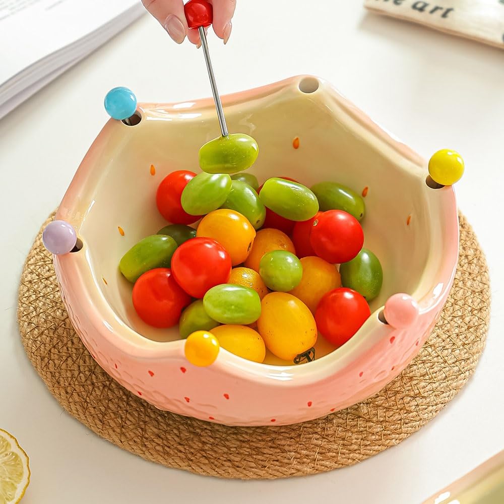Obstschale Obstschale aus Keramik mit integrierten Gabeln, farbenfrohen, erdbeerförmigen Perlenspießen, Weintrauben und Beeren Obstschalen