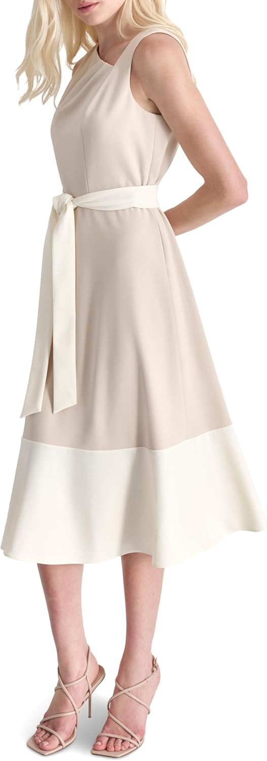DKNY Women's Sleeveless Asymmetrical Neck Lined Midi Dress with Removable Belt - Image 3