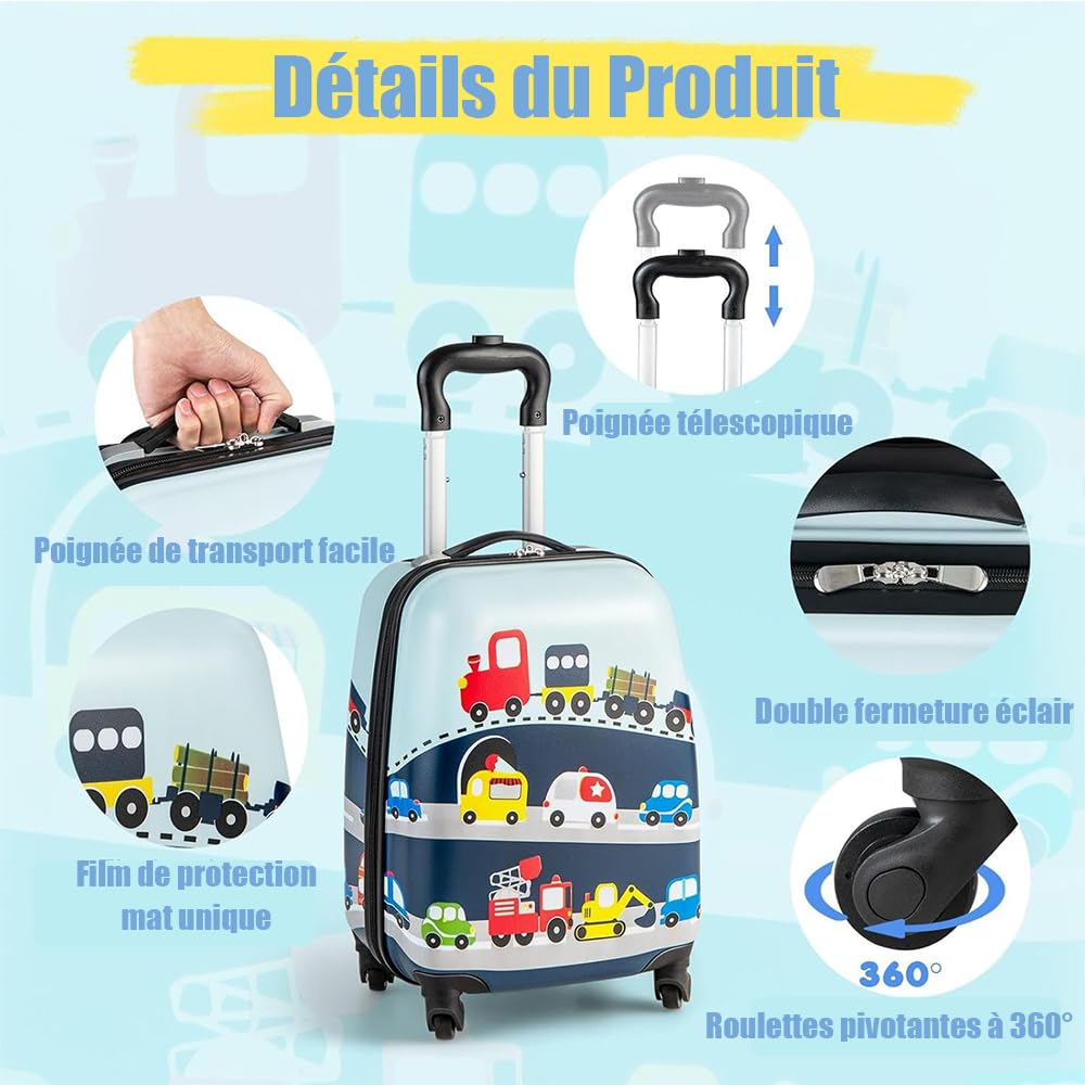 SOARS Valise Enfant Roulette 16" + Sac à Dos 12", Poignée Réglable à 3 Niveaux, Bretelles Larges, Léger de 2,5 KG, Transportable dans l’Avion, Garçon 3-10 Ans