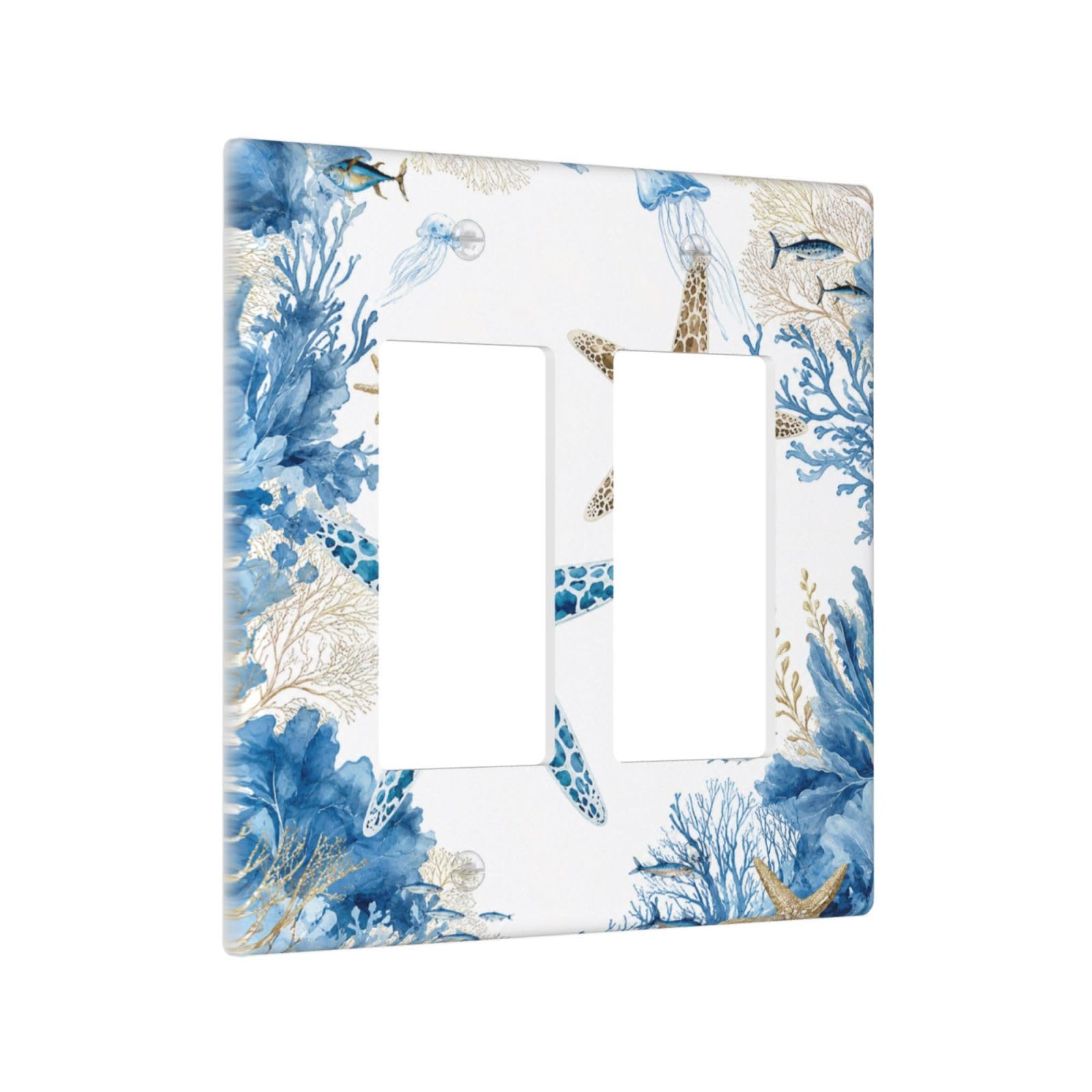 Yamxbfa Decorative Outlet Covers Blue Starfish Coral Reef Jellyfish Fish Coasta 2 Gang Light Switch Cover Plate Double Rocker Wall Plates Electrical Switch Plate Covers for Bathroom Decor
