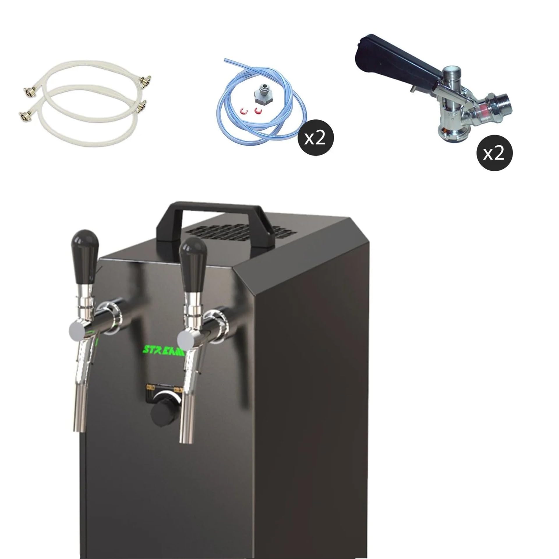 Set completo – Impianto spillatore per birra Stream 50 K con pompa ad aria, refrigeratore a 2 conduttori, refrigeratore a secco, fino a 55 litri/h – Black Edition, testa di spillo: piatto, testa 2: