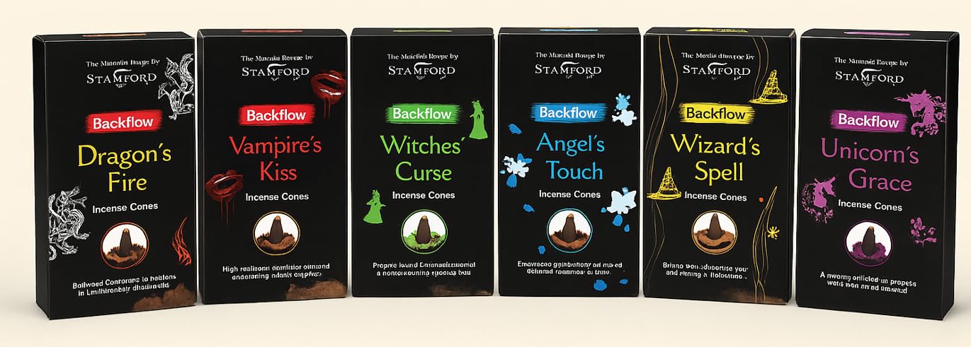 Stamford Magical World Backflow Incense Cones Set ā 6 Fragrances (Wizardās Spell, Unicorn's Grace, Dragonās Fire & More) + JRose Trolley Coin Keyring ā Relaxation & Gift Set