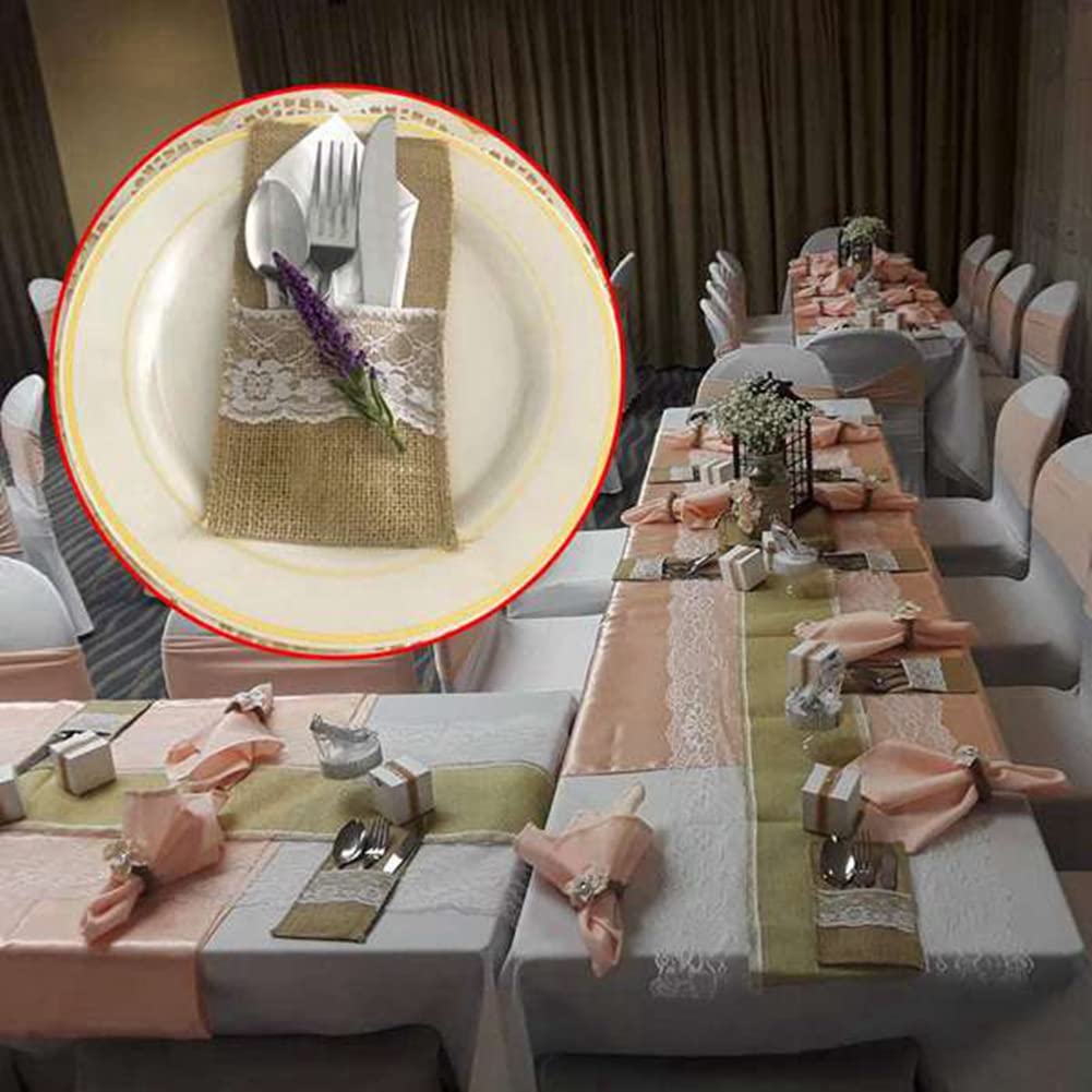 10 Portaposate In Tela Di Iuta Con Pizzo: Sacchetti Per Posate Stile Rustico Per Matrimoni